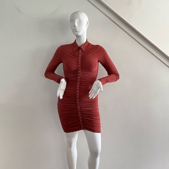 A.L.C. Larsen Rust Long Sleeve Ruched Dress L ASOTV - Picture 10 of 12